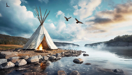 Camp wigwam on river rocky shore at sunny day.