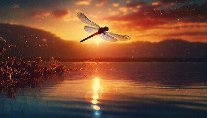 Dragonfly in flight at  sunset lake background.