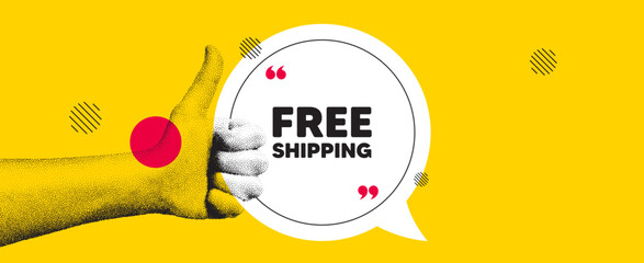 Hand showing thumb up like sign. Free shipping tag. Delivery included sign. Special offer symbol. Free shipping chat bubble message. Grain dots hand. Like thumb up sign. Vector © blankstock