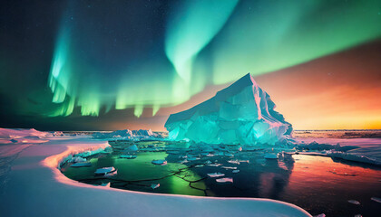 Night winter landscape, frozen sea and snow covered rock in the water under aurora borealis.	
