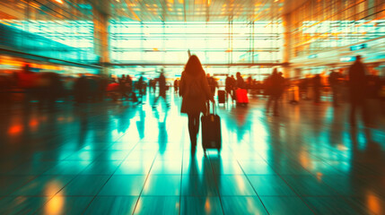 Blurred background with silhouette of people with suitcase moving through an airport or train station, copy space