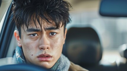 20 year old angry handsome Korean man's car. close up looking - obrazy, fototapety, plakaty