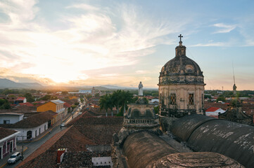 La Merced church in Granada at sunset. Colonial streets in background, Nicaragua