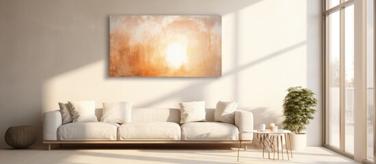 A white couch sits against a white wall in a living room, with a painting hanging above it. Sunlight streams in through the window, illuminating the room.