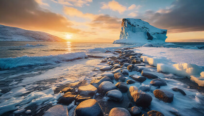  Winter landscape, stone beach and ice on sea at the sunset. - obrazy, fototapety, plakaty