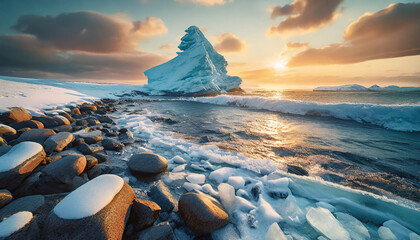  Winter landscape, stone beach and ice on sea at the sunset.