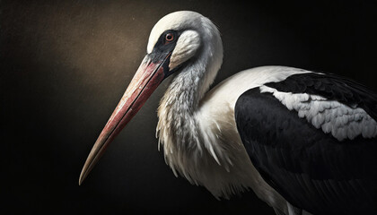 Fototapeta premium Close-up stork ciconia portrait on dark background.