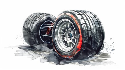 cute racecar theme tire, watercolor, black and white, graphic vector, isolated on a plain white background
