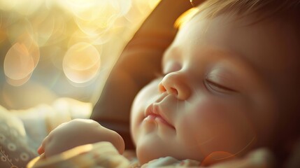 Cute funny baby boy sleeping in car - child seat. effect of soft shining sun