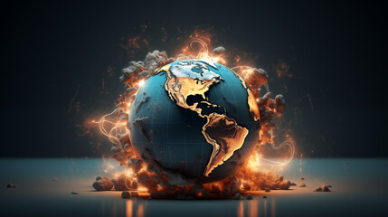 Global warming and pollution concept. Planet Earth covered with flame and smoke. Generative AI - 747600564
