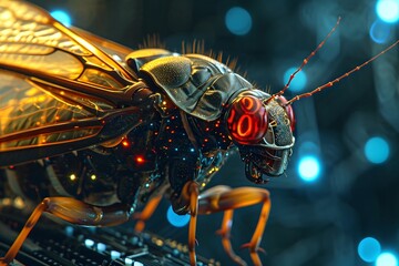 robotic cicada insect bug red eyes wings antenna close up  - obrazy, fototapety, plakaty