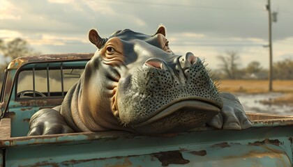 big hippo laying in the back of a pickup truck funny animal  - obrazy, fototapety, plakaty