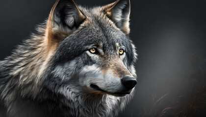 Close up wolf on dark background.	