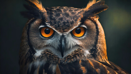 Close up owl portrait on dark background.