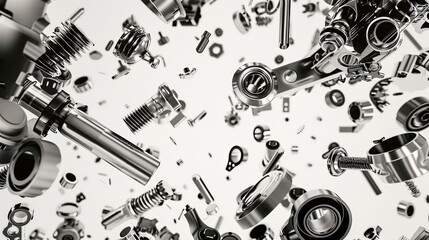 flying metal parts, bolts, nuts, tubes, engines, chrome parts, monochrome image, white background 