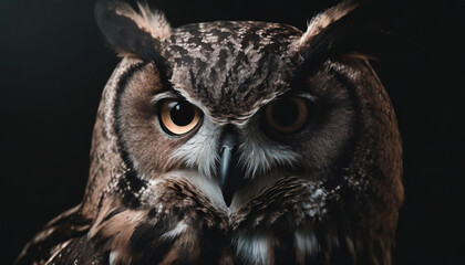 Close up owl portrait on dark background.
