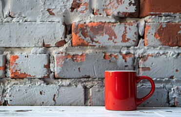 red coffee cup on white table against a brick wall