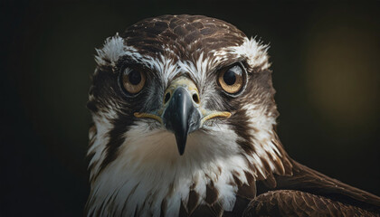 Close up osprey portrait on dark bokeh background	