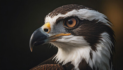 Fototapeta premium Close up osprey portrait on dark bokeh background 