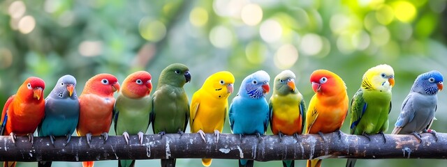 colorful parakeets budgies parrots birds lined up next to each other  - obrazy, fototapety, plakaty