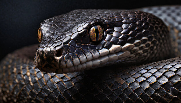 Close up snake portrait on dark background.