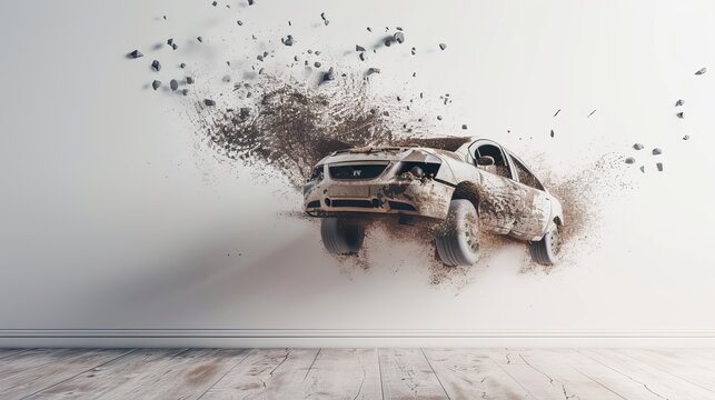 3D illusion of a car drifting and dust flying out of a white wall taken from the front