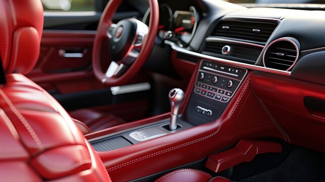 Red interior car with leather upholstery.