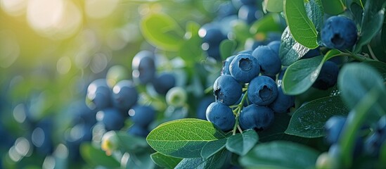 A cluster of ripe blueberries hangs from a tree branch in a blueberry field. - Powered by Adobe