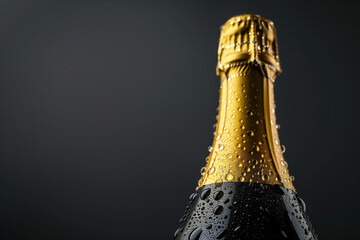 Sublime Toast to Elegance, Champagne Bottle Crowned in Droplets: the upper section of a champagne...