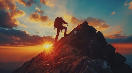 Silhouette of a Climber on Mountain Summit at Sunrise