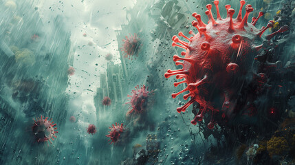 Massive virus cells loom in polluted air, symbolizing world gripped by pandemic fears - obrazy, fototapety, plakaty