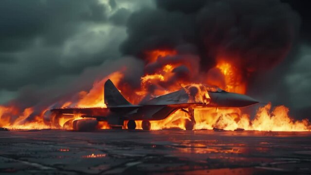 Destroyed modern fighter jet is burning with a black smoke on the airfield. War conception. Slow motion animation with zoom effect. High quality 4k footage