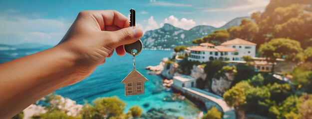 Realtor hand holding a house key with scenic coastline in the background. Ownership, access to a dream home, with a Mediterranean sea view. Panorama with copy space.
