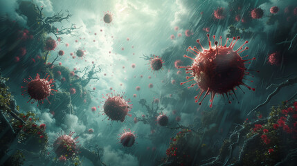 Gigantic virus organisms drift in murky air, representing pervasive threat of pandemics