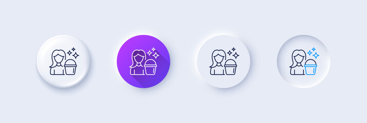 Cleaning service line icon. Neumorphic, Purple gradient, 3d pin buttons. Woman with Bucket symbol. Washing Housekeeping equipment sign. Line icons. Neumorphic buttons with outline signs. Vector