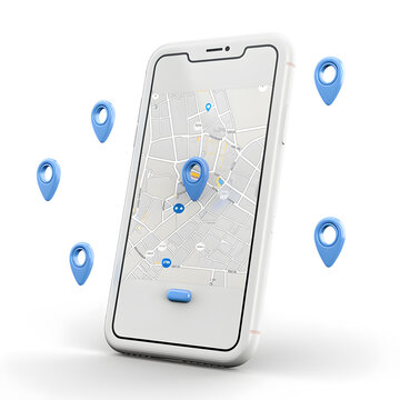 white iphone with blank screen, blue map pin icons floating around it