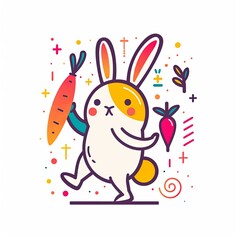 Obraz na płótnie Canvas Charming vector illustration of a happy rabbit with colorful carrots.