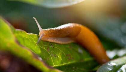 A slug crawling on a leaf, little slimy animal  - obrazy, fototapety, plakaty