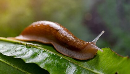 A slug crawling on a leaf, little slimy animal 