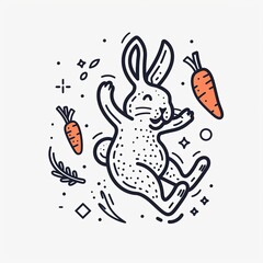 Playful rabbit with carrots in a whimsical line art illustration.