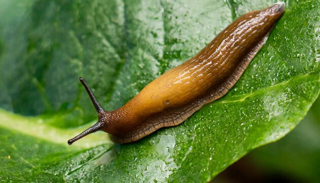A slug crawling on a leaf, little slimy animal 