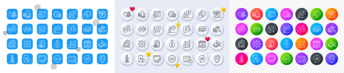 Travel loan, Inflation and Report line icons. Square, Gradient, Pin 3d buttons. AI, QA and map pin icons. Pack of Manager, Business person, Update data icon. Vector