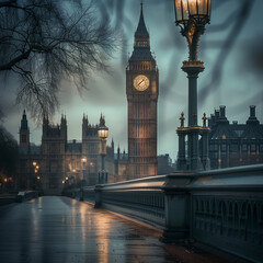 Misty Evening View of Big Ben from Westminster Bridge - obrazy, fototapety, plakaty