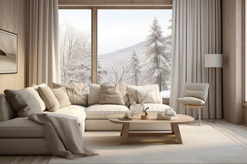 White sofa and armchairs, interior design of a modern living room