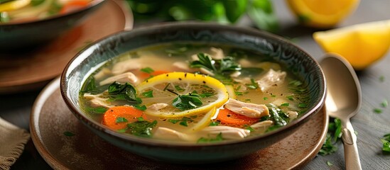 A delightful bowl of homemade chicken noodle soup garnished with a tangy lemon slice, ready to be enjoyed.