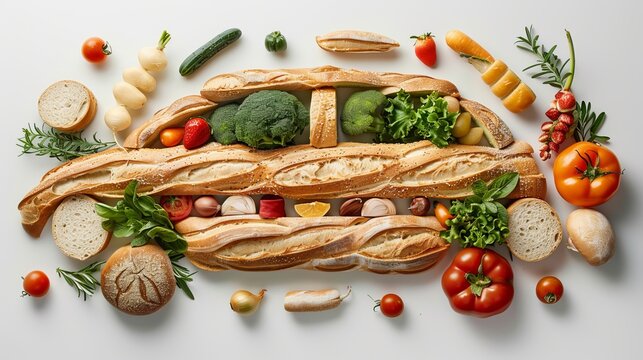 A studio photo featuring delicious bread, baguettes, and fresh vegetables arranged in the shape of a car on a white background