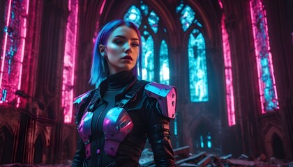 Obraz premium Cyberpunk girl with armored suit in a gothic ancient cathedral, ruined, 