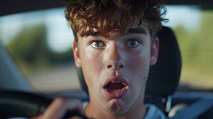 A young man behind the wheel of a modern car. He has a look of surprise on his face. The lines of age and experience on his face. His eyes are wide, his eyebrows are raised, and his mouth is slightly - obrazy, fototapety, plakaty