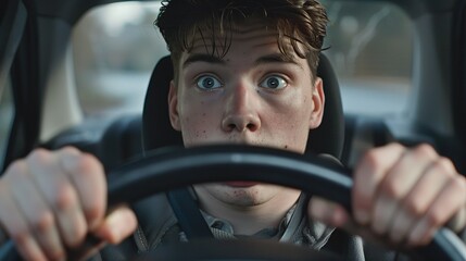 A young man behind the wheel of a modern car. He has a look of surprise on his face. The lines of age and experience on his face. His eyes are wide, his eyebrows are raised, and his mouth is slightly - obrazy, fototapety, plakaty