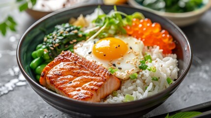 A bowl of rice, salmon and an egg on top, AI